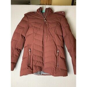 Eddie Bauer Jacket Woman Small Maroon Sun Valley Puffer Faux Fur Hood Parka Coat